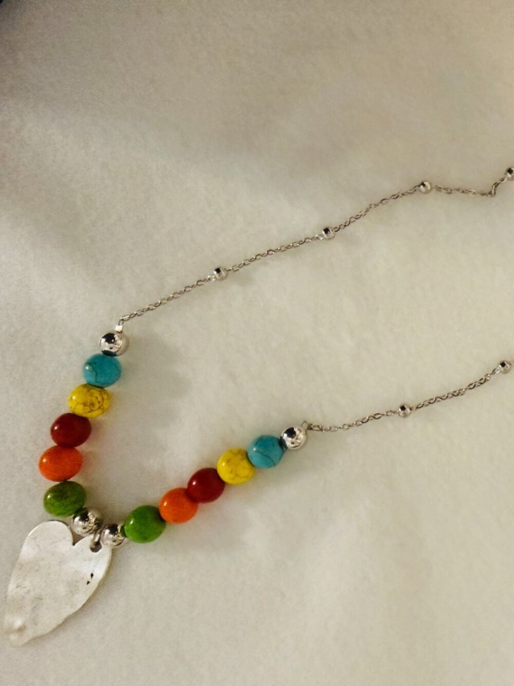 Handmade Colorful Beaded Necklace with Silver Tone Heart Charm- Approx 24"